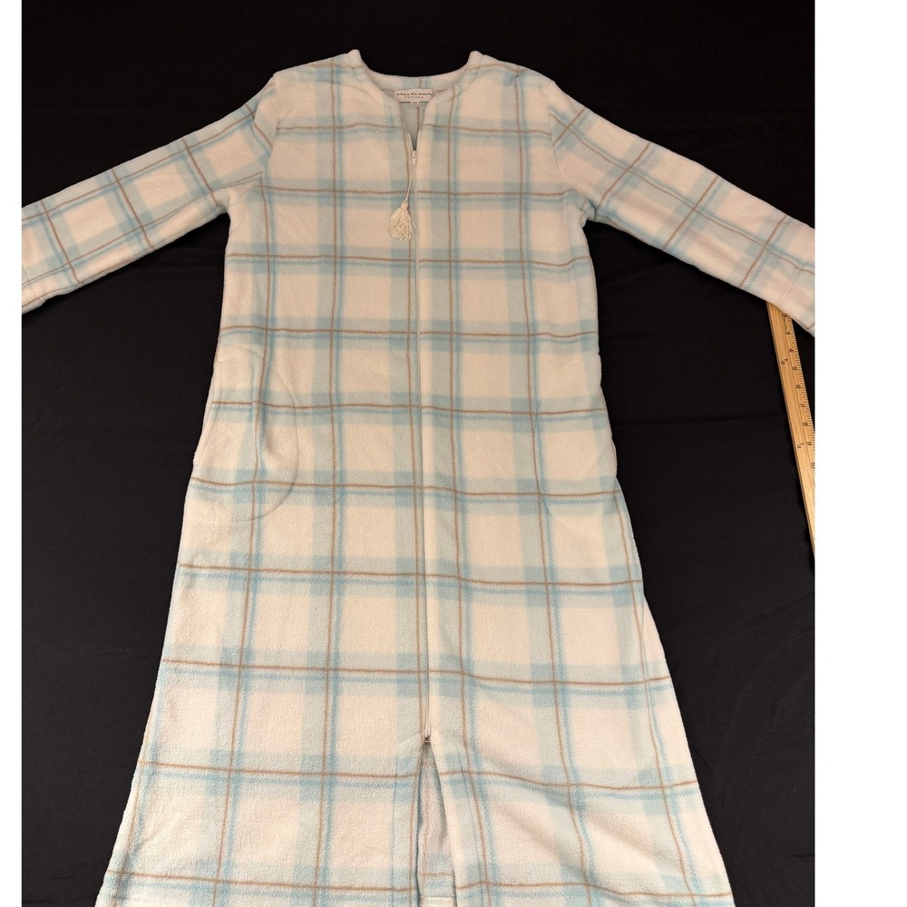 Miss Elaine Petites Blue Plaid Fleece Zip Front Robe Housecoat PS Grandmacore